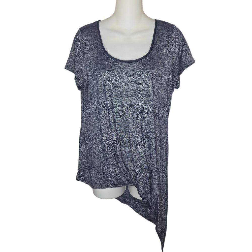 White House Black Market Navy Marled Asymmetric Tuck-Hem Tee Shirt, Size Large